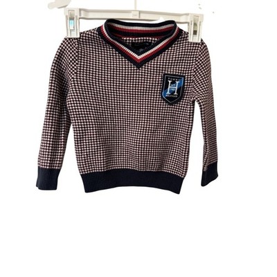 Tommy Hilfiger Toddler Sweater 2T-3T. Red White Blue Houndstooth Crest Varsity