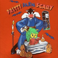 Looney Tunes Vintage Mens XL Sylvester Tweety Halloween Orange Freeze T-Shirt 98