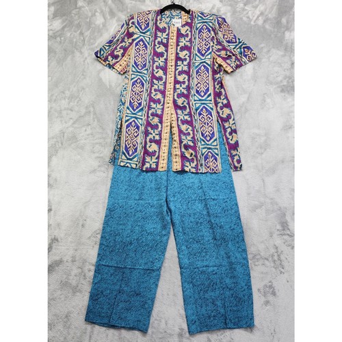 Vintage 80s R &M Richards Karen Kwong Top Pants Set Women's Size 8 Blue Purple