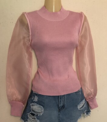 Sweet Republic Mock Neck Ribbed Knit Top Sheer Puff Sleeves Size Small Pink