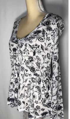 #ad Lucky Brand Women Blouse Shirt Top Small Long Sleeve Boho Peasant White Black NW $24.99