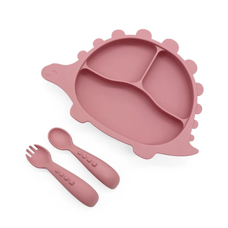 platos de silicona para bebe dinosaurio de tres colores verde, rosa y celeste Foto 3 de 3