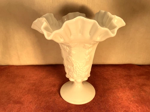 Vintage Westmoreland Glass Milk Glass Grape Footed Crimped Vase Marked No Damage
