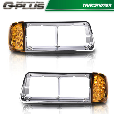 1Pair Fit For Freightliner FLD120 Headlight Bezel W/LED Turn Signal Corner Light