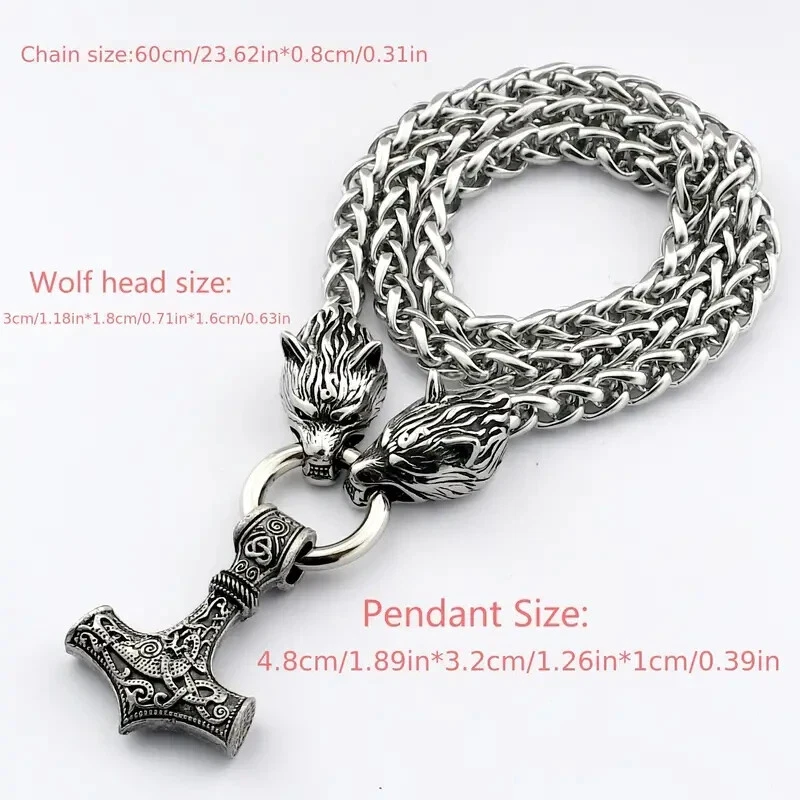 Men Norse Viking Thor hammer Mjolni Pendant Stainless Steel Wolf Chain Necklace - Image 4 of 4