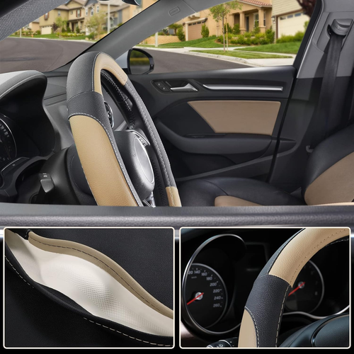 Black And Beige Microfiber Leather Steering Wheel Cover For Prius Civic 14" 14. - Picture 3 of 12