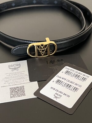 MCM Mode Mena Black Reversible Leather Belt 24K SH Gold 100  display picture 2
