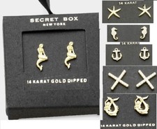 0.6" Tiny 14k Gold Dipped Earrings CZ Crystal Pierced Stud Gift Box