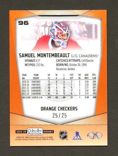 2024-25 O-Pee-Chee OPC Platinum #96 Samuel Montembeault Orange Checkers /25 - Picture 2 of 2