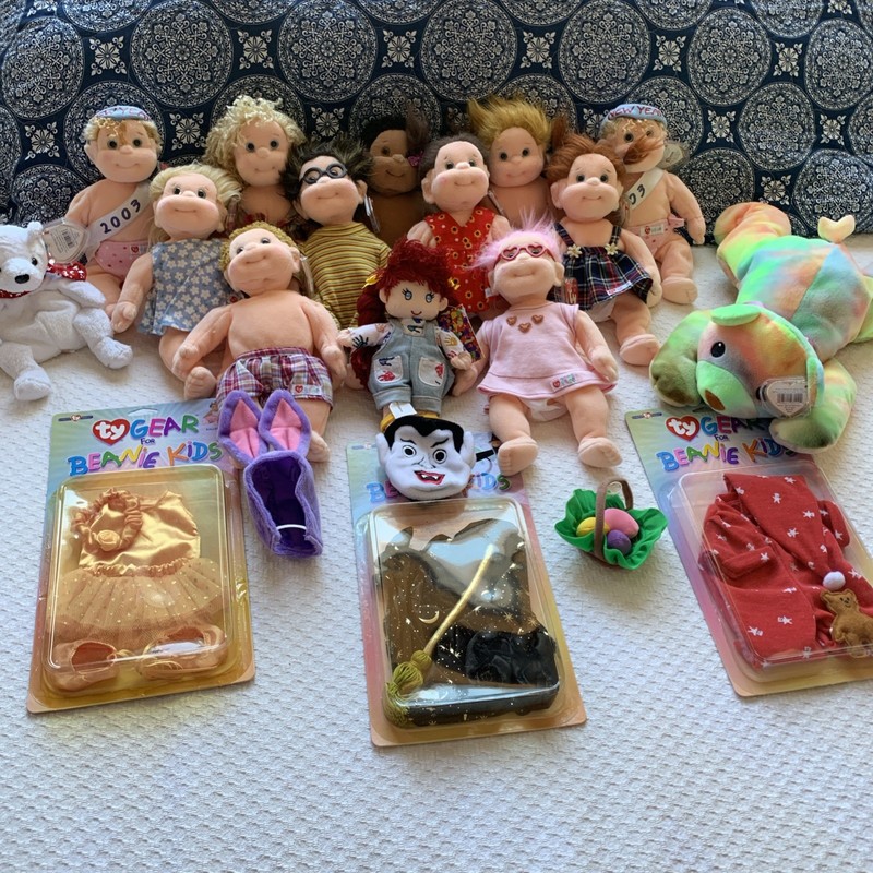 Ty Beanie Kids Doll Beanbag Plush Lot of 11 w/Heart Tags, 3 Boxed Outfits & More
