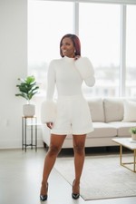 Women’s White Bodysuit Faux Fur Cuff Bell Sleeves Mock Neck Stretch Top L NWT