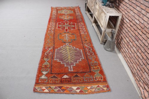 Vintage Turkish Rug, 2,9x10,4 ft Runner Rug, Red Herki Floral Rug