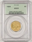United States 1894 $5 Liberty Head Gold Half Eagle Coin PCGS MS63 OGH Choice BU