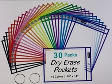30 Packs Oversized Reusable Dry Erase Pocket Sleeves with 2 Rings