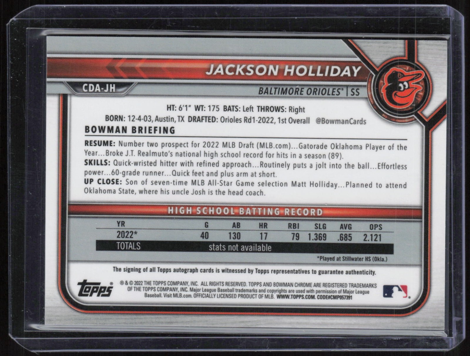 2022 Bowman Chrome Jackson Holliday Auto RC Rookie view 2