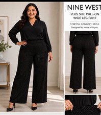 Nine West Plus Size 3X Wide Leg Pull On Pants Black Gold Dot Stretch NWT