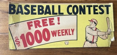 Vintage Baseball Contest Weekly W/ Batter Advertising Cardboard Sign 17.5x8 