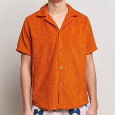 Nwt OAS Mens Terry Cotton Short Sleeve Coastal Resort Button Up Shirt Orange XL