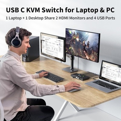 KVM Switch 2 Monitors 2 Computers USB C HDMI DP KVM Switch Dual Monitor Laptop