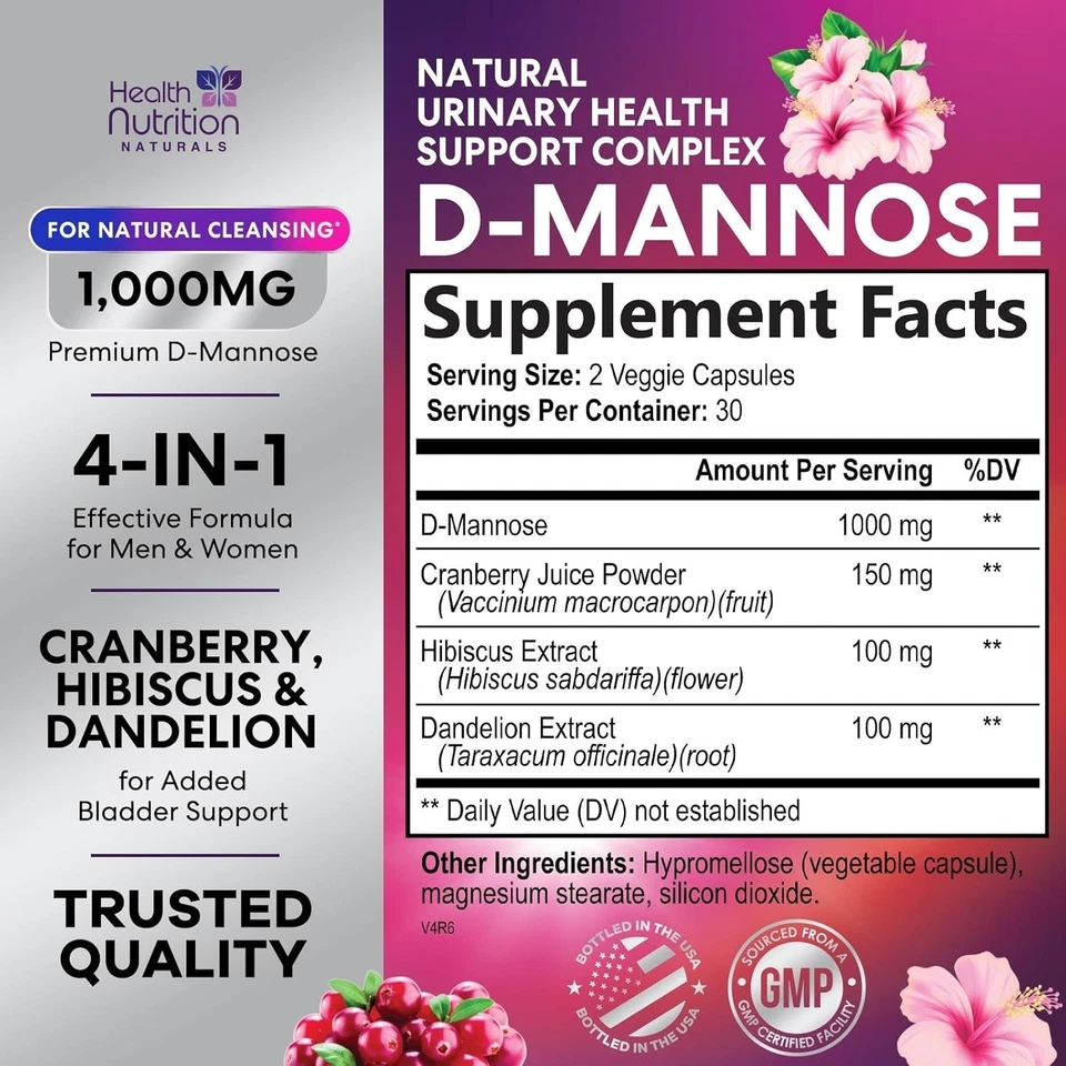 D-Mannose Capsules 1350mg with Cranberry UTI Support & Cleanse, Bladder Health - Image 2 of 4