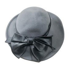 Vintage Hat Womens Gray Wide Brim Satin Bow Accent Wool Union Made In USA 1960s