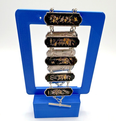 Japanese Damascene Silver Amita 8'' Vtg Bracelet Gold Inlay 10 Panel 2-Sided 31g