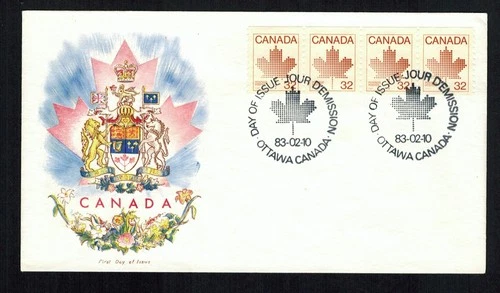 Canada #951, 1983 32¢ Maple Leaf coil Strip of 4, R. G. Sharpe (RGS) cachet FDC