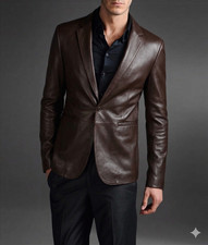 BROWN Men's Genuine Lambskin Leather Blazer One Button Slim Fit Stylish Blazer