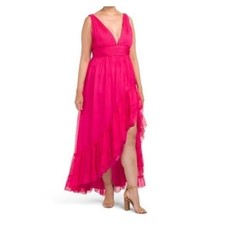 MAC DUGGAL Plus Shirred Satin V-Neck Gown Size 12