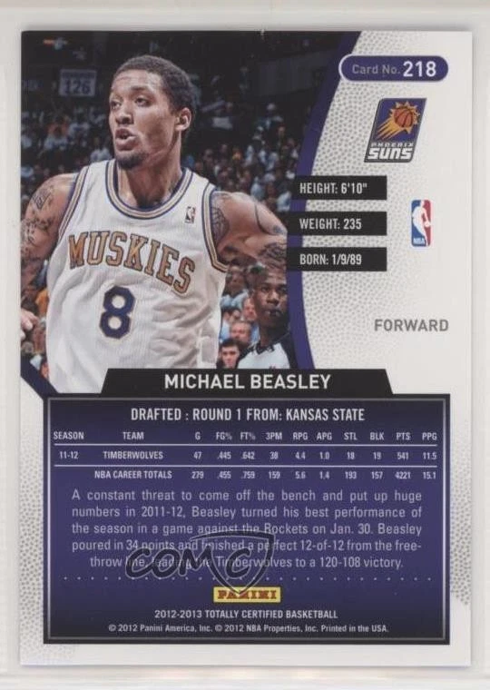 2012-13 Totally Certified Totally Blue /299 Michael Beasley #218 - Image 2 of 2