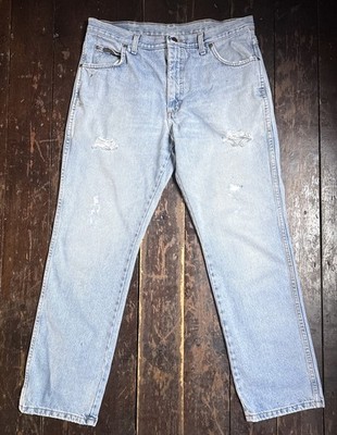 Vintage 90s Wrangler Blue Denim Ripped Short Paint GRUNGE Wide Leg JEANS W 36''