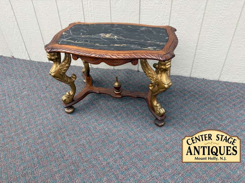 67619 Elegant Figural Carved Coffee Table with Marble Top Winged Angels