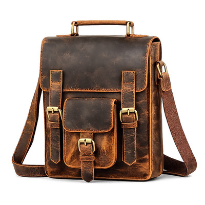 11'' Buffalo Leather Sling Bag Men's Dark Brown Crossbody Messenger Bag for iPad