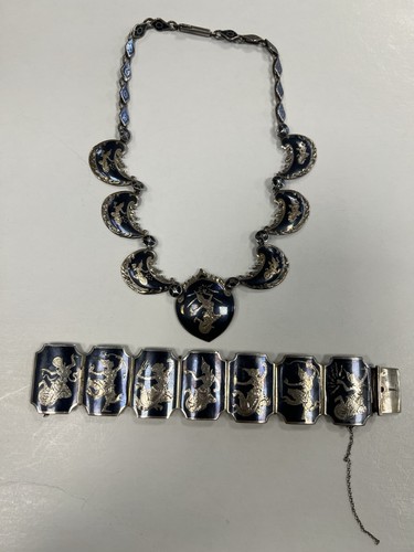 Midnight Blue Black Enamel Sterling Silver Siam Necklace Bracelet Set - Picture 2 of 6