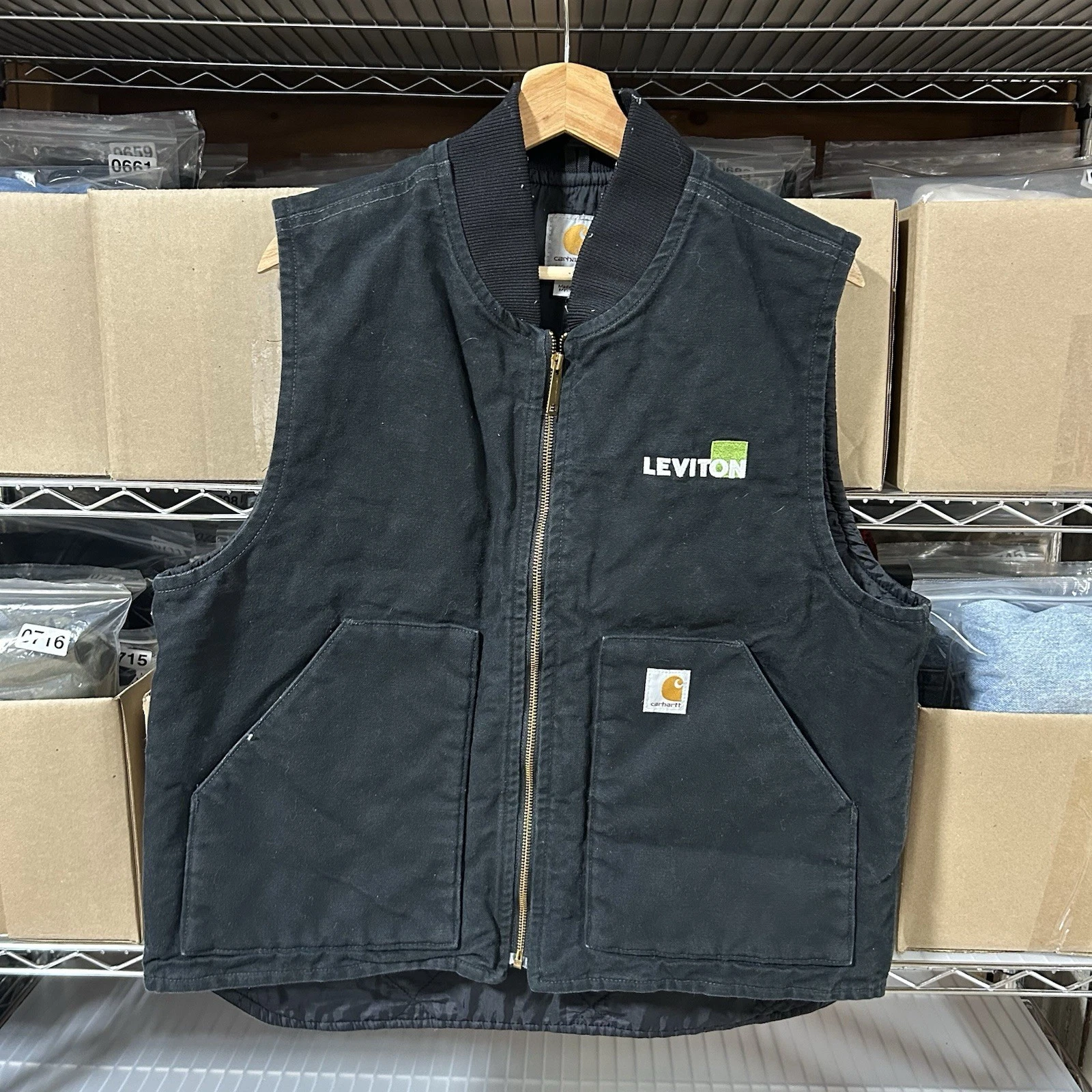 Carhartt Vest Mens Large Black Quilt Lined Duck Canvas Workwear V01 Leviton EUC