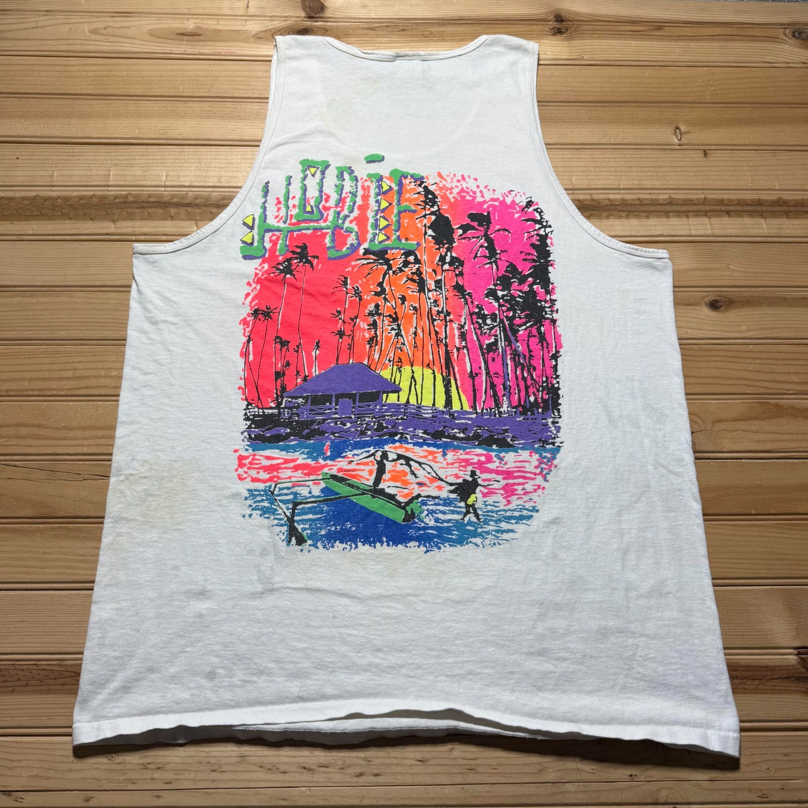 Vintage 80s Neon Sunset Surf Tropical Beach Sailing Graphic Tank Top Large Tall