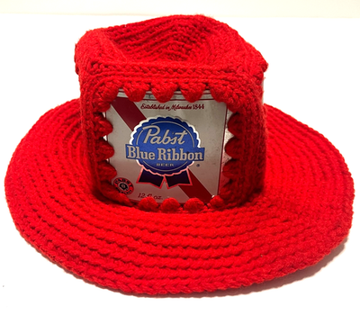 PABST BLUE RIBBON Beer Can Red Yarn Knitted Crocheted Bucket Hat