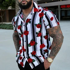 Mens Striped Rose Print Short Sleeves Shirt 2407002317