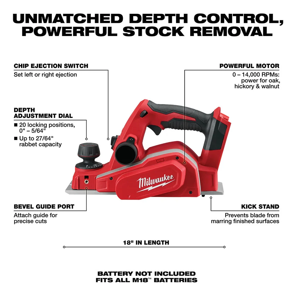 Milwaukee 2623-20 M18 18V 3-1/4-Inch Planer w/ Bevel/Edge Guide - Bare Tool - Image 3 of 4