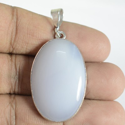 Pendentif Quartz Calcédoine Bleu-vert Sur Argent 925 - Fait Main - 2,5 Pouces - Pièce Unique
