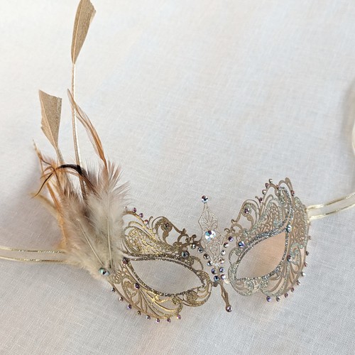 Champagne Metal Masquerade Mask w/ Feathers & Crystals Handmade Wedding Masque - Picture 10 of 10