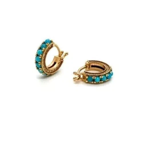 2Ct Round Cut Lab-Created Turquoise 14K Yellow Gold Plated Huggie Hoop Earrings - Image 3 of 4