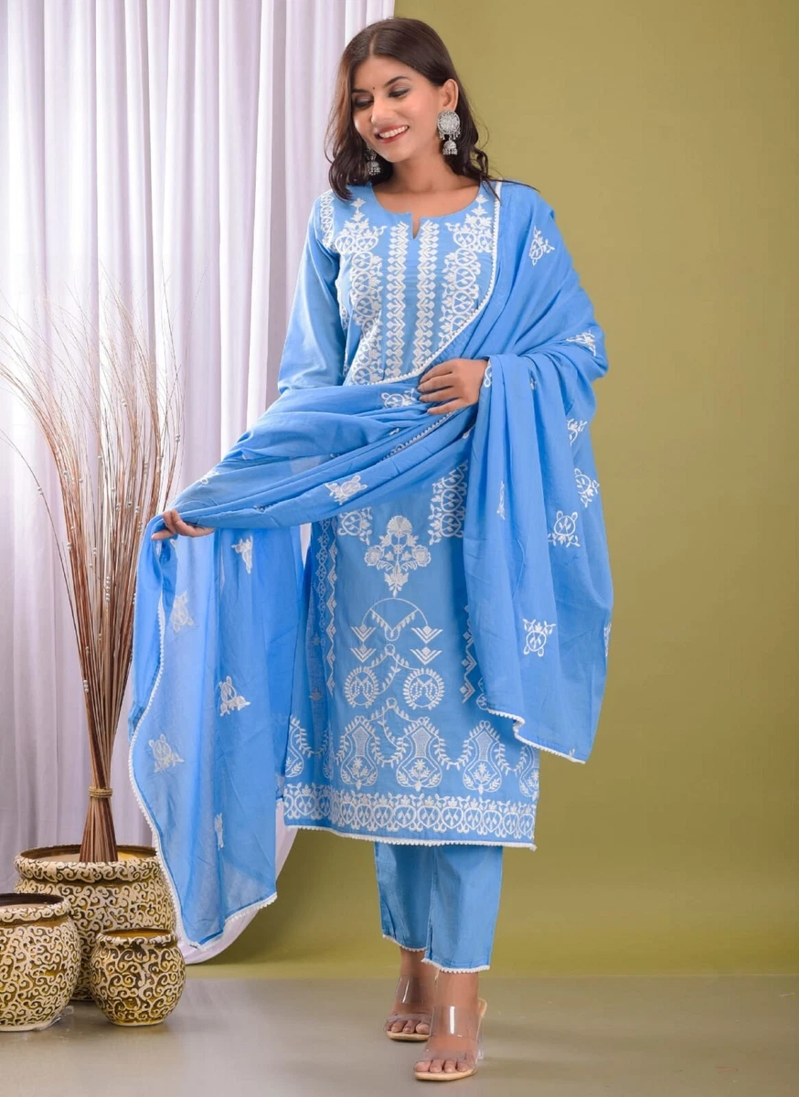 Indian Women Designer Embroidery Work Straight Sky Blue Kurti Pant With Dupatta