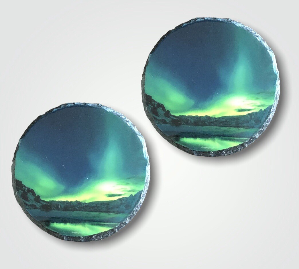 Northern Lights Round Rock Slate Coasters Set Of 2. Coaster Christmas Gifts