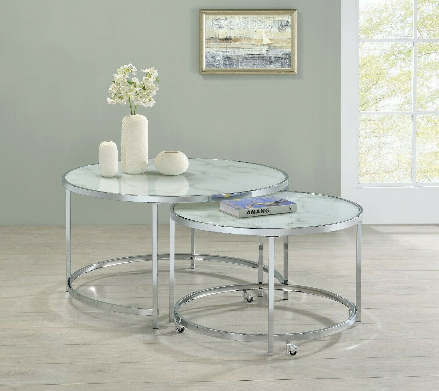 Modern Nesting Coffee Table Set Round Metal Marble Glass Wheels Coaster 721528