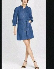 Who What Wear Denim Shirt Dress Womens Small Button-Down Tie-Waist Mini Length 