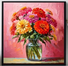ORIGINAL Oil PAINTING on Canvas Zinnia Textured Art 12x12 in Custom Order
