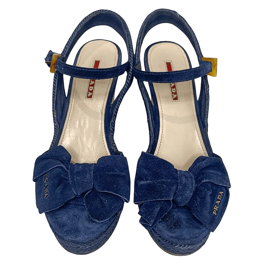 Prada Logo Blue Suede Bow Platform Espadrilles EU 37 Slingback Buckle Wedges - Image 2 of 4