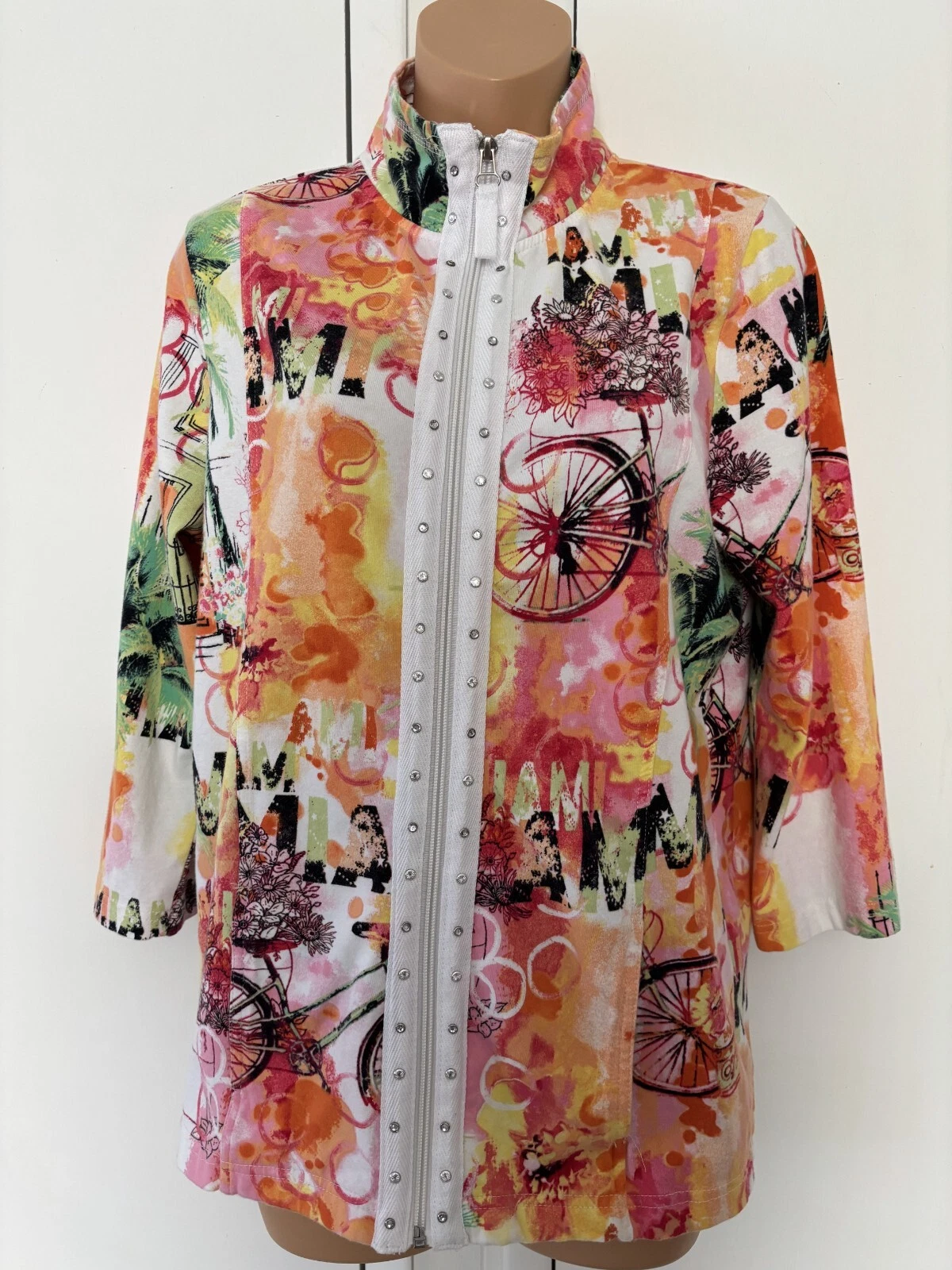 VETEMENTS ONQUE CASUALS giacca donna taglia M elasticizzata manica lunga maglia floreale zip