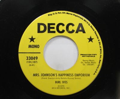 Pop Promo 45 Burl Ives - Mrs. Johnson'S Happiness Emporium (Mono) / Mrs. Johnson